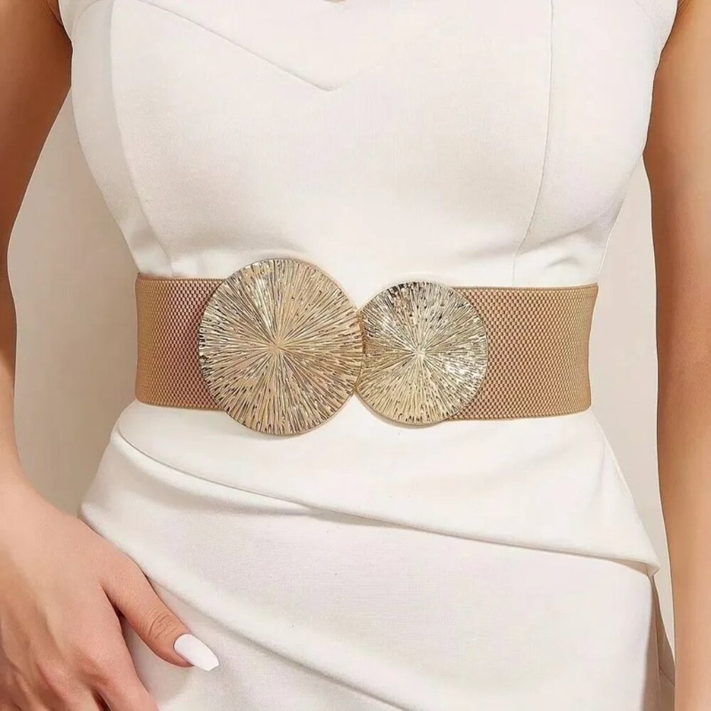 2/$30 NEW Elastic Wide Deep Beige Corset Waist Belt Metallic Snap Buckle Cinched